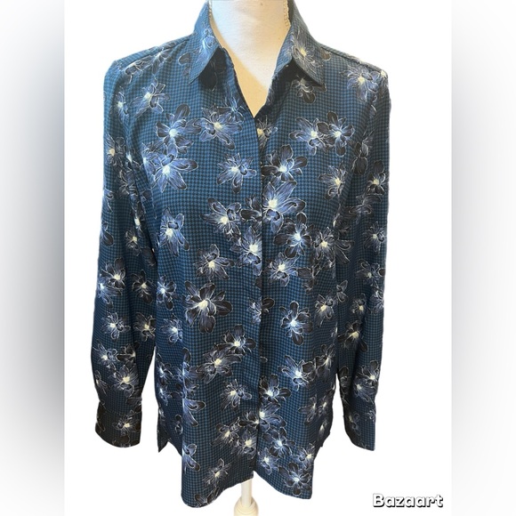 Ellen Tracy NWT Blue/black LonG Sleeve Blouse Floral Design Size Small - Picture 1 of 5